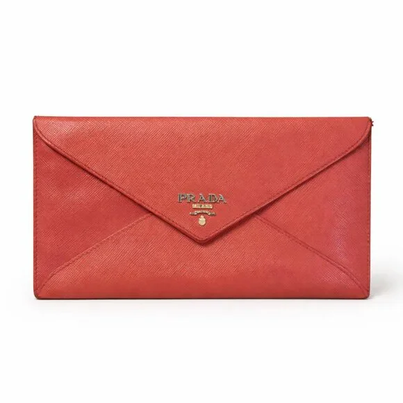 Prada Saffiano Envelope Pouch Clutch Corallo Papaya Red Document Holder - Picture 3 of 10